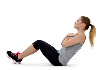 Fototapeta na wymiar Girl aerobic exercise abdominal push ups posture 