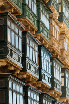 Balconies on traditional Maltese house in the capital city of Valletta, Malta