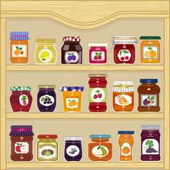 Jars of homemade jam with labels in the cupboard
