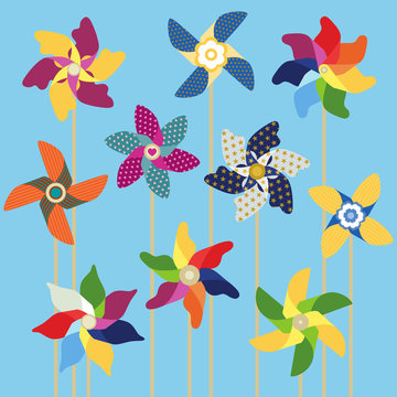 Pinwheels collection on sky blue background