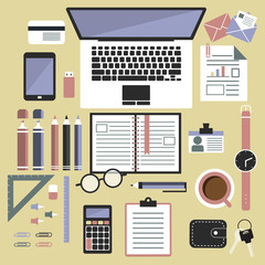  Flat design style , office equipment, working tools and other business elements. Top view of desk background with laptop, digital devices, office objects, books and documents.