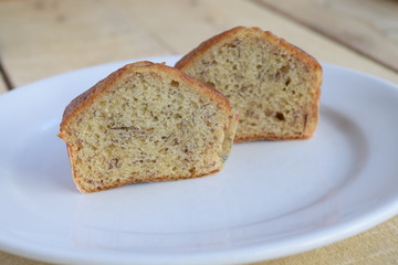 Banana cake on white plate