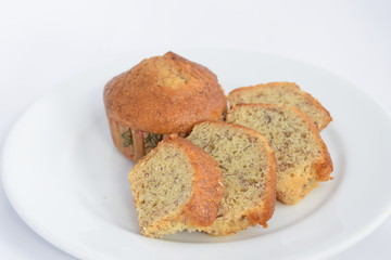 Banana cake on white plate