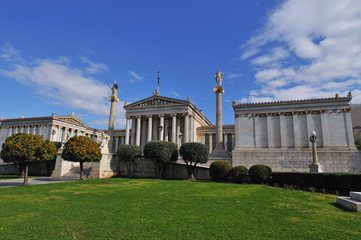Academy of Athens with Plato and Socrates monument. .