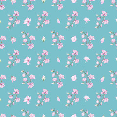 Seamless floral pattern with fine magnolias painted with watercolors on turquoise background