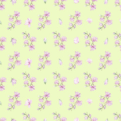 Seamless floral pattern with fine magnolias painted with watercolors on yellow background