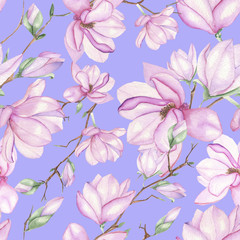 Fototapety  Bezszwowy kwiatowy wzór z magnoliami pomalowanymi akwarelami na fioletowym tle