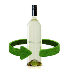 Bottles of wine and green arrows from the grass. Recycling concept isolation on white