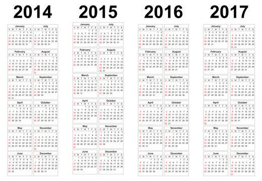 2014, 2015, 2016, 2017 year vector calendars