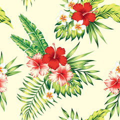 hibiscus and palm leaves tropical seamless background