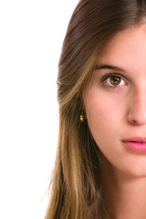 Hispanic young woman with serious expression.