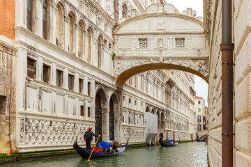 Venice gondolas in rainy weather, Italy