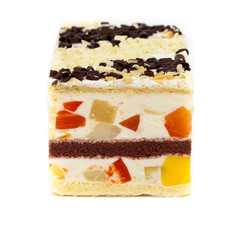 Fruit yogurt cheesecake on white background. Selective focus.