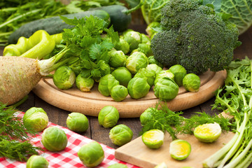 Healthy green vegetables on table