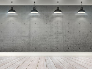 3d concrete  room with ceiling lamps