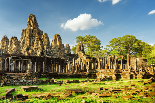 Giant stone faces of Bayon temple in Angkor Thom, Cambodia