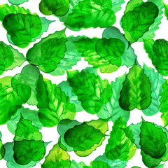 Seamless watercolor green leaves pattern with white background
