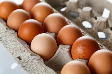 Shot of natural red eggs in retail package. Farm shots.