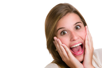 Hispanic cute young woman with surprise expression. Image isolat
