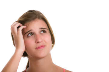 Fototapeta premium Confused or concern Hispanic Young woman scratching head. Image isolated on white background.