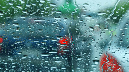 Bad weather, Car headlights. cars in motion. Traffic in poor visibility