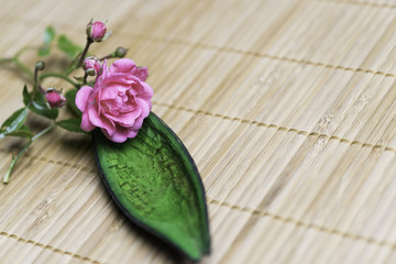 Pinke Rose mit grünem Blatt auf Bambus