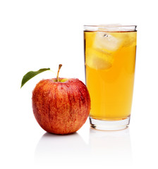 Close-up shot wet whole red apple juice ice cubes isolated