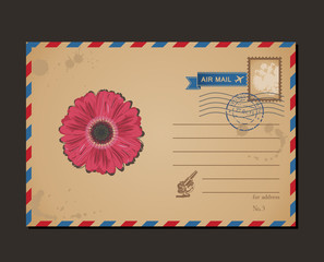 Vintage postcard and postage stamps. Design flower letters