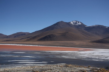 Laguna Colorada with a volcano behind the lake, Bolivia, South America