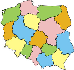 Fototapeta premium Mapa Polski Województwa Kolorowa