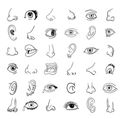 eye nose ear and mouth collection in different expressions. vector icon illustration.