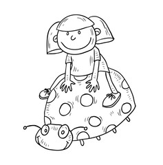 girl ride lady bug, vector illustration.
