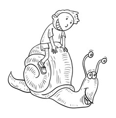 cartoon boy ride snail,  vector illustration.