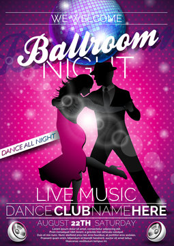 Vector Ballroom Night Party Flyer design with couple dancing tango on dark background