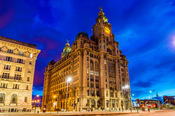 Royal Liver Building in Liverpool in the evening - England