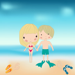 Boy and a girl holding hands at the beach