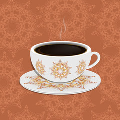 Cup of coffee with ornate eastern round elements