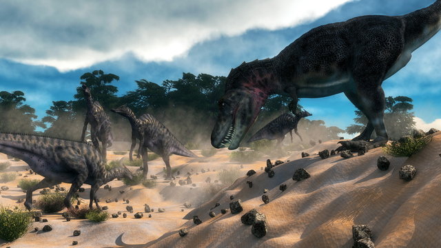 Saurolophus hunting tarbosaurus dinosaur - 3D render