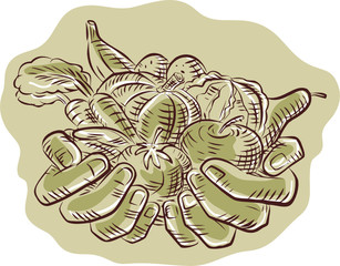 Hand Holding Crop Fruit Harvest Etching
