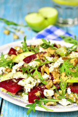Beet salad with feta,apple,walnut and arugula.
