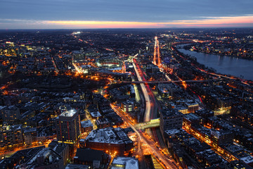 An aerial night view of Boston and the expressways, Massachusetts