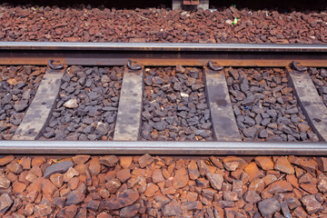 Close up the rusted train tracks