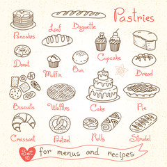 Set drawings of pastries and bread for design menus, recipes