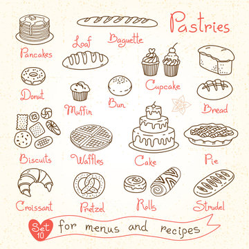 Set drawings of pastries and bread for design menus, recipes vector de  Stock | Adobe Stock