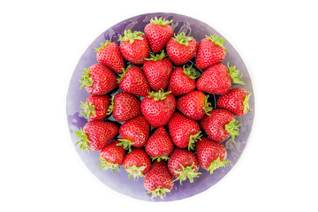 Purple plate full of freshly picked strawberries
