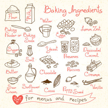 Set drawings of baking ingredients for design menus, recipes.