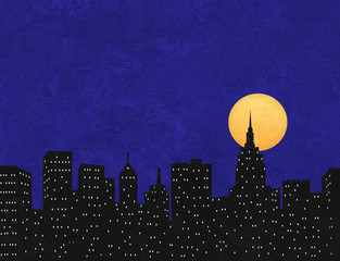 City Skyline Silhouette Under a Full Moon