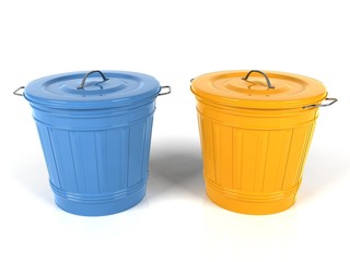 3d blue and yellow plastic bucket isolated on white background