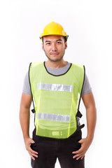 confident, strong construction worker on white background