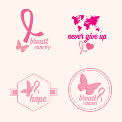 Fototapeta na wymiar Breast cancer set of stickers. Pink ribbon, icon design.
